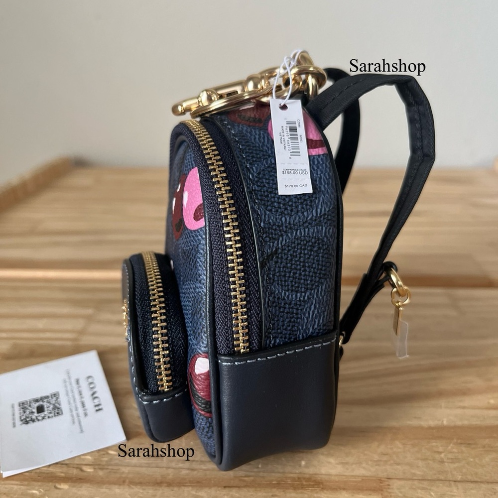 ✅Coach Mini Court Backpack Bag Charm In Signature Canvas With Cherry Print - Picture 6 of 8